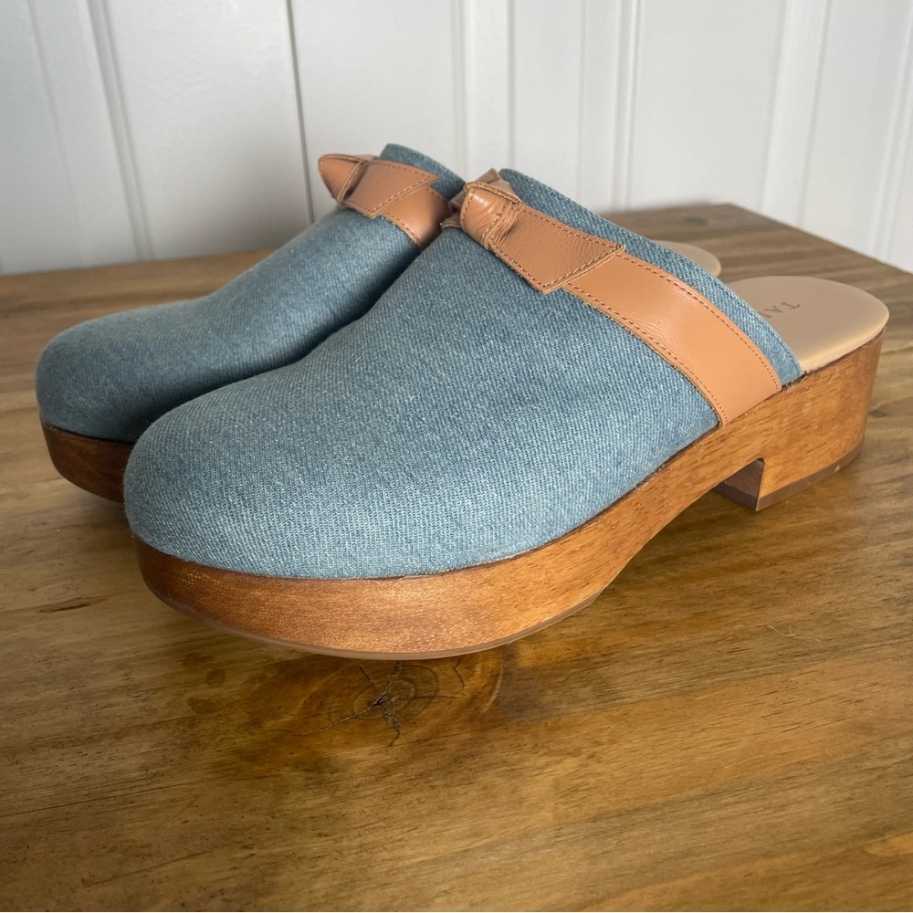 Talbots Denim Blue Clogs with Tan Strap